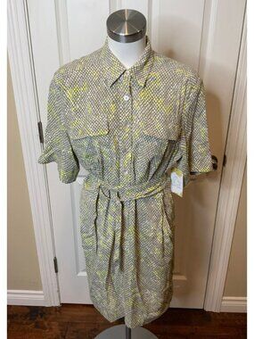 Equipment Gray, White & Yellow Snakeskin Collared Shirt Dress W/ Belt, Size 6